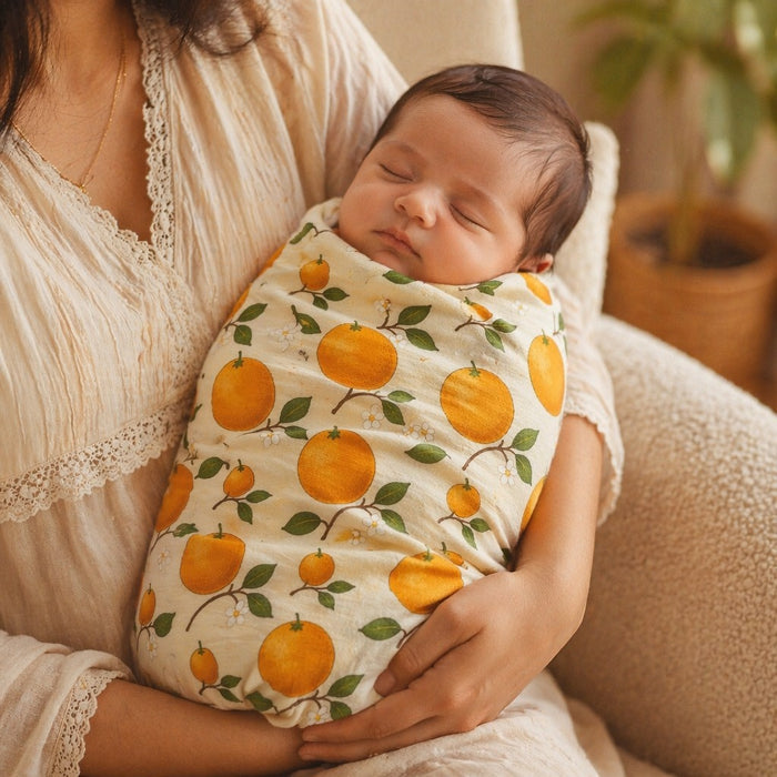Mimi Swaddle Wrap | Citrus Grove | Orchard | Bamboo-Muslin, 3× Softer, 120×120cm | 0-6M