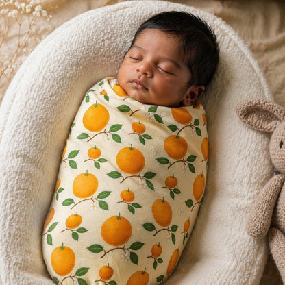 Mimi Swaddle Wrap | Citrus Grove | Orchard | Bamboo-Muslin, 3× Softer, 120×120cm | 0-6M