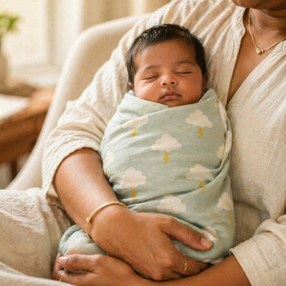Mimi Swaddle Wrap | Cloud + Lightning | Monsoon Magic | Bamboo-Muslin, 3× Softer, 120×120cm | 0-6M