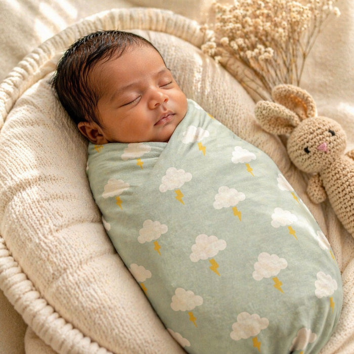 Mimi Swaddle Wrap | Cloud + Lightning | Monsoon Magic | Bamboo-Muslin, 3× Softer, 120×120cm | 0-6M