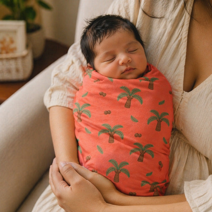 Mimi Swaddle Wrap | Coconut Palm | Tropicale | Bamboo-Muslin, 3× Softer, 120×120cm | 0-6M