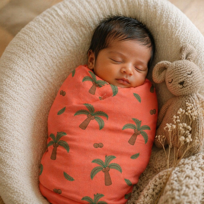 Mimi Swaddle Wrap | Coconut Palm | Tropicale | Bamboo-Muslin, 3× Softer, 120×120cm | 0-6M