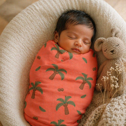 Mimi Swaddle Wrap | Coconut Palm | Tropicale | Bamboo-Muslin, 3× Softer, 120×120cm | 0-6M