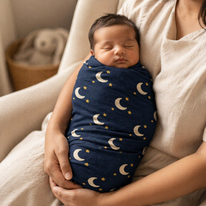 Mimi Swaddle Wrap | Crescent Moon + Stars | Stardust | Bamboo-Muslin, 3× Softer, 120×120cm | 0-6M