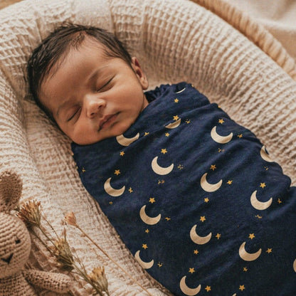 Mimi Swaddle Wrap | Crescent Moon + Stars | Stardust | Bamboo-Muslin, 3× Softer, 120×120cm | 0-6M