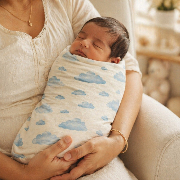 Mimi Swaddle Wrap | Drifting Clouds | Monsoon Magic | Bamboo-Muslin, 3× Softer, 120×120cm | 0-6M