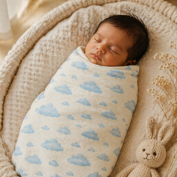 Mimi Swaddle Wrap | Drifting Clouds | Monsoon Magic | Bamboo-Muslin, 3× Softer, 120×120cm | 0-6M