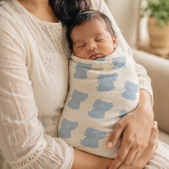 Mimi Swaddle Wrap | Elephant Parade | Safari Tales | Bamboo-Muslin, 3× Softer, 120×120cm | 0-6M
