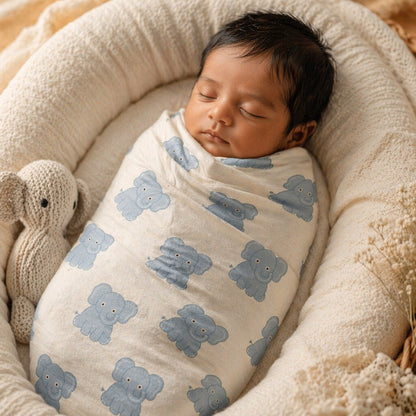 Mimi Swaddle Wrap | Elephant Parade | Safari Tales | Bamboo-Muslin, 3× Softer, 120×120cm | 0-6M