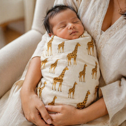 Mimi Swaddle Wrap | Giraffe Royale | Safari Tales | Bamboo-Muslin, 3× Softer, 120×120cm | 0-6M