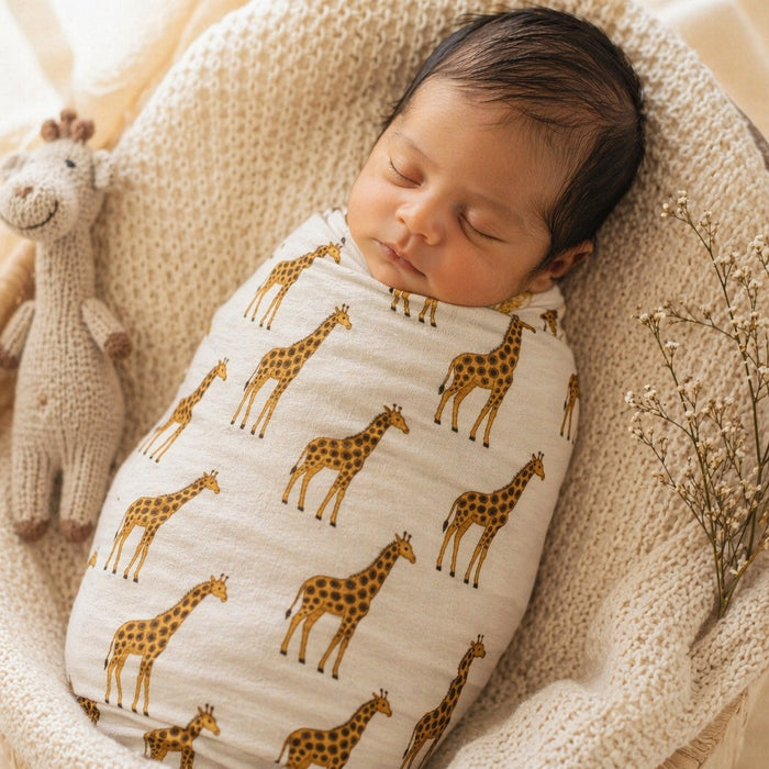 Mimi Swaddle Wrap | Giraffe Royale | Safari Tales | Bamboo-Muslin, 3× Softer, 120×120cm | 0-6M