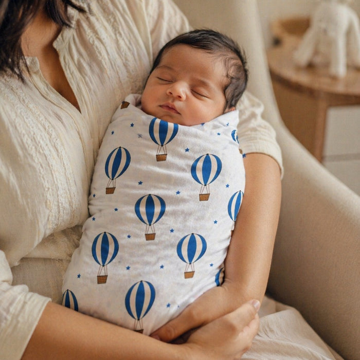 Mimi Swaddle Wrap | Hot Air Balloon | Little Voyager | Bamboo-Muslin, 3× Softer, 120×120cm | 0-6M