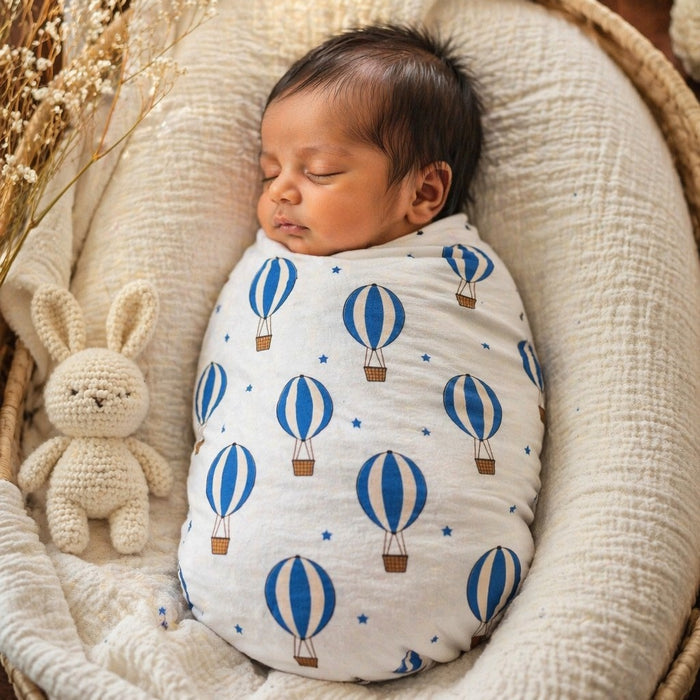 Mimi Swaddle Wrap | Hot Air Balloon | Little Voyager | Bamboo-Muslin, 3× Softer, 120×120cm | 0-6M