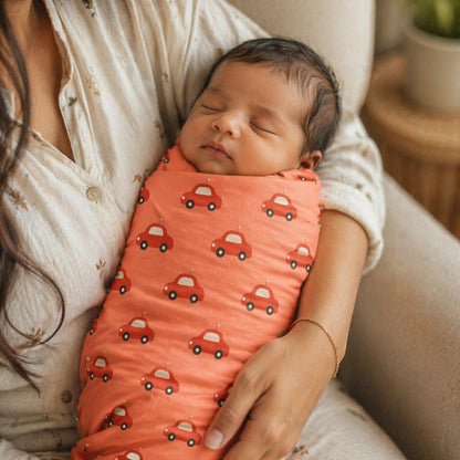 Mimi Swaddle Wrap | Little Car | Little Voyager | Bamboo-Muslin, 3× Softer, 120×120cm | 0-6M