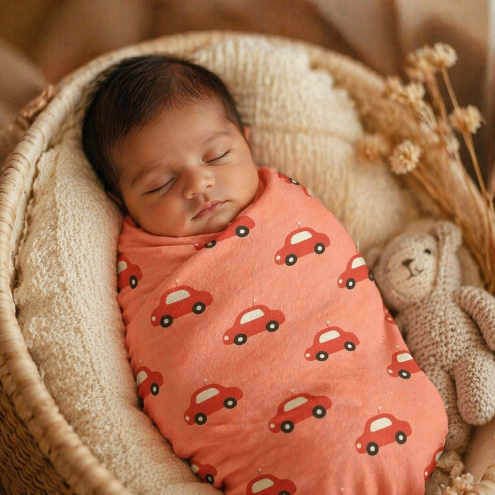 Mimi Swaddle Wrap | Little Car | Little Voyager | Bamboo-Muslin, 3× Softer, 120×120cm | 0-6M