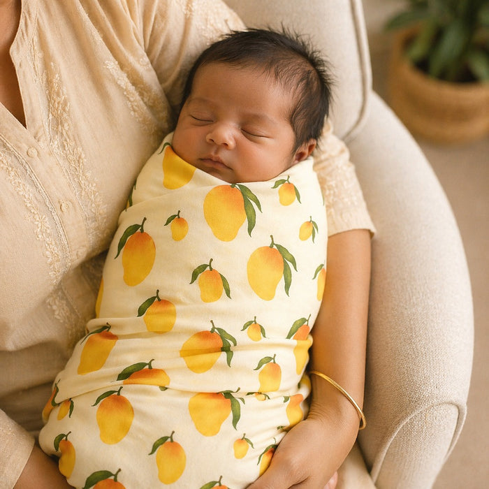 Mimi Swaddle Wrap | Mango Grove | Orchard | Bamboo-Muslin, 3× Softer, 120×120cm | 0-6M