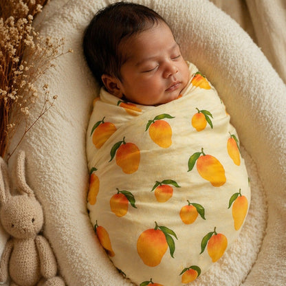 Mimi Swaddle Wrap | Mango Grove | Orchard | Bamboo-Muslin, 3× Softer, 120×120cm | 0-6M