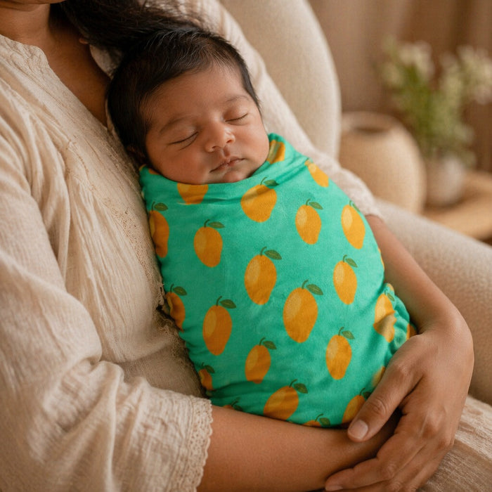 Mimi Swaddle Wrap | Mango Grove | Tropicale | Bamboo-Muslin, 3× Softer, 120×120cm | 0-6M