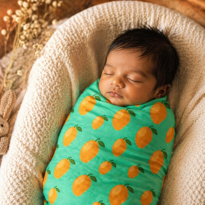 Mimi Swaddle Wrap | Mango Grove | Tropicale | Bamboo-Muslin, 3× Softer, 120×120cm | 0-6M