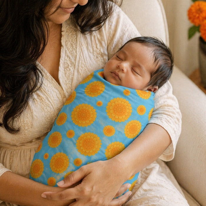Mimi Swaddle Wrap | Marigold Burst | Tropicale | Bamboo-Muslin, 3× Softer, 120×120cm | 0-6M