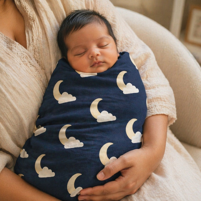 Mimi Swaddle Wrap | Moon + Cloud | Stardust | Bamboo-Muslin, 3× Softer, 120×120cm | 0-6M