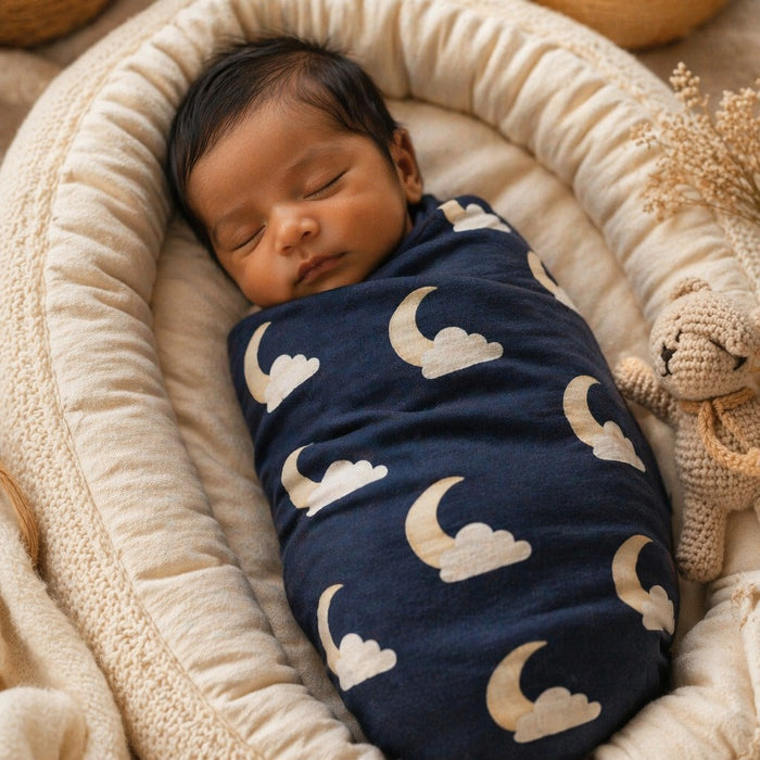 Mimi Swaddle Wrap | Moon + Cloud | Stardust | Bamboo-Muslin, 3× Softer, 120×120cm | 0-6M