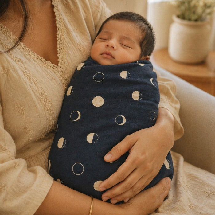 Mimi Swaddle Wrap | Moon Phases | Stardust | Bamboo-Muslin, 3× Softer, 120×120cm | 0-6M