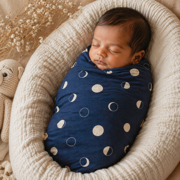 Mimi Swaddle Wrap | Moon Phases | Stardust | Bamboo-Muslin, 3× Softer, 120×120cm | 0-6M
