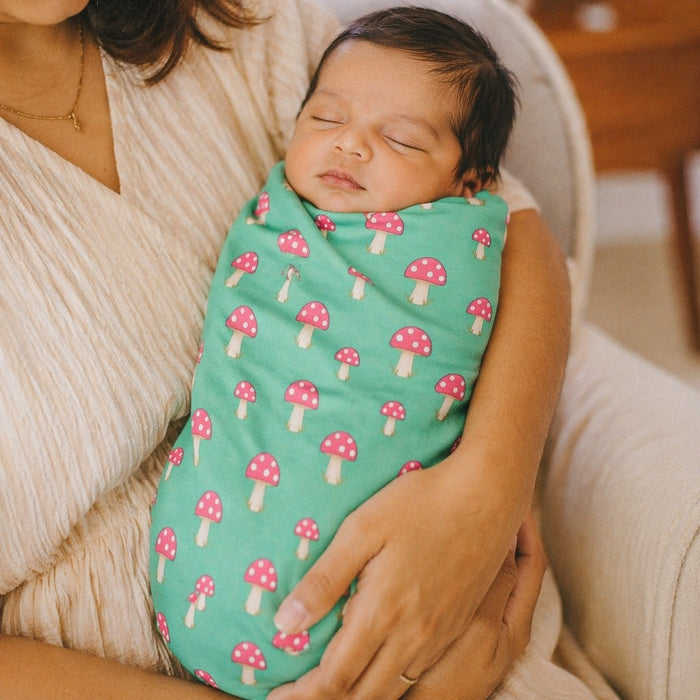 Mimi Swaddle Wrap | Mushroom Magic | Blossom | Bamboo-Muslin, 3× Softer, 120×120cm | 0-6M
