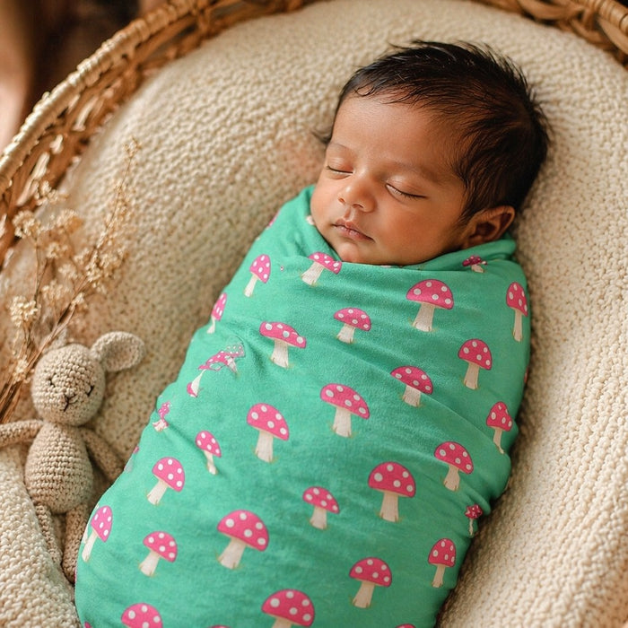 Mimi Swaddle Wrap | Mushroom Magic | Blossom | Bamboo-Muslin, 3× Softer, 120×120cm | 0-6M