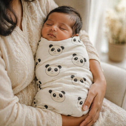 Mimi Swaddle Wrap | Panda Face | Safari Tales | Bamboo-Muslin, 3× Softer, 120×120cm | 0-6M