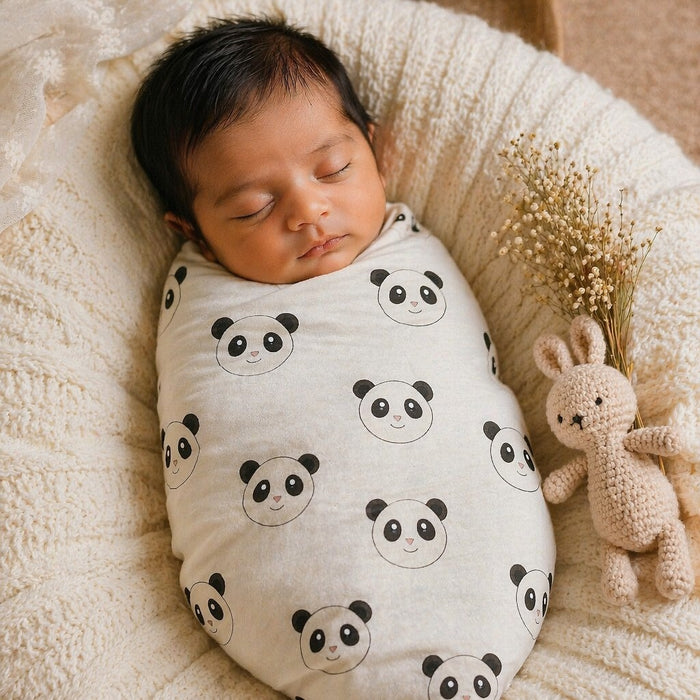 Mimi Swaddle Wrap | Panda Face | Safari Tales | Bamboo-Muslin, 3× Softer, 120×120cm | 0-6M
