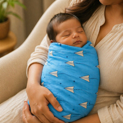Mimi Swaddle Wrap | Paper Airplane | Little Voyager | Bamboo-Muslin, 3× Softer, 120×120cm | 0-6M