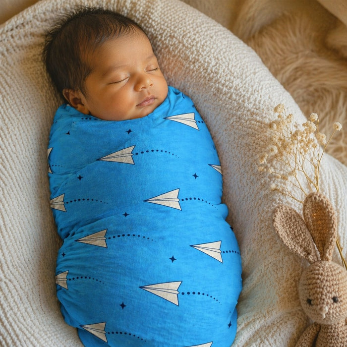 Mimi Swaddle Wrap | Paper Airplane | Little Voyager | Bamboo-Muslin, 3× Softer, 120×120cm | 0-6M