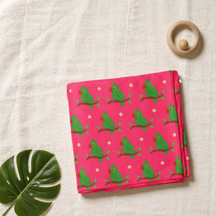 Mimi Swaddle Wrap | Parrot on Branch | Tropicale | Bamboo-Muslin, 3× Softer, 120×120cm | 0-6M