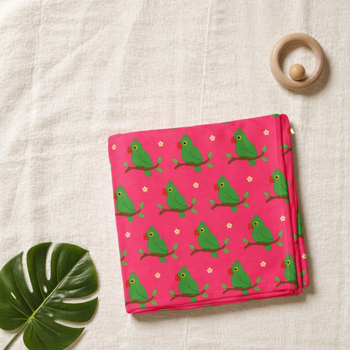 Mimi Swaddle Wrap | Parrot on Branch | Tropicale | Bamboo-Muslin, 3× Softer, 120×120cm | 0-6M
