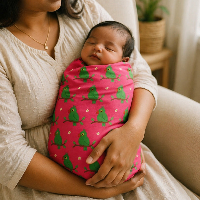 Mimi Swaddle Wrap | Parrot on Branch | Tropicale | Bamboo-Muslin, 3× Softer, 120×120cm | 0-6M