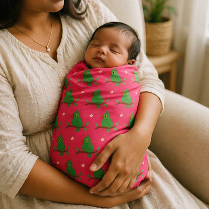 Mimi Swaddle Wrap | Parrot on Branch | Tropicale | Bamboo-Muslin, 3× Softer, 120×120cm | 0-6M