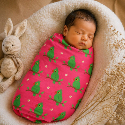 Mimi Swaddle Wrap | Parrot on Branch | Tropicale | Bamboo-Muslin, 3× Softer, 120×120cm | 0-6M