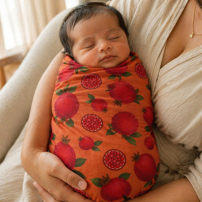 Mimi Swaddle Wrap | Pomegranate Crown | Orchard | Bamboo-Muslin, 3× Softer, 120×120cm | 0-6M