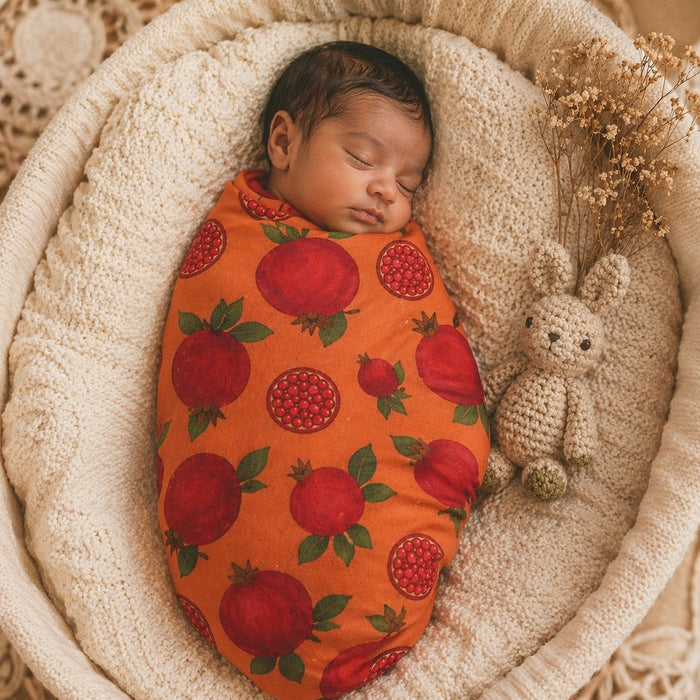 Mimi Swaddle Wrap | Pomegranate Crown | Orchard | Bamboo-Muslin, 3× Softer, 120×120cm | 0-6M