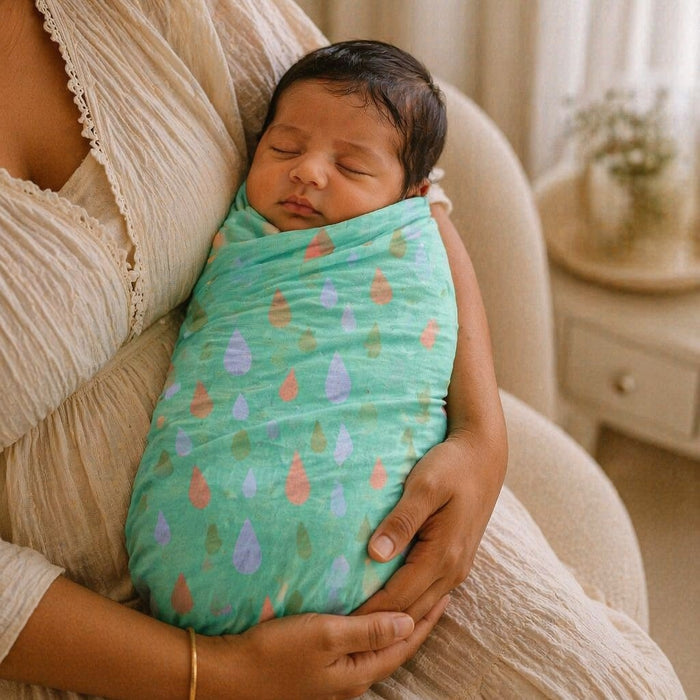 Mimi Swaddle Wrap | Raindrop Scatter | Monsoon Magic | Bamboo-Muslin, 3× Softer, 120×120cm | 0-6M