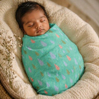 Mimi Swaddle Wrap | Raindrop Scatter | Monsoon Magic | Bamboo-Muslin, 3× Softer, 120×120cm | 0-6M