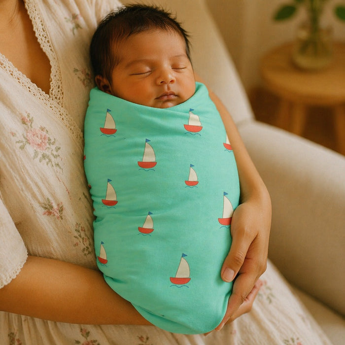 Mimi Swaddle Wrap | Sailboat | Little Voyager | Bamboo-Muslin, 3× Softer, 120×120cm | 0-6M