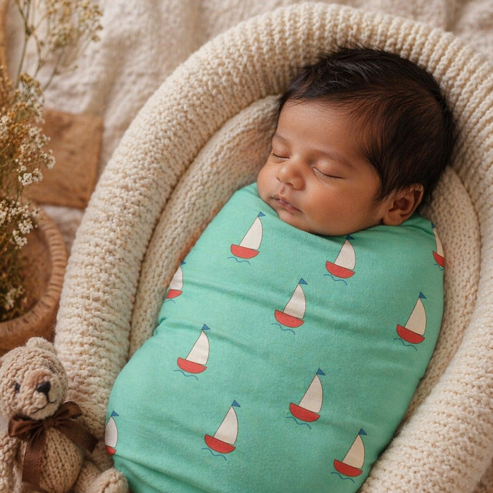 Mimi Swaddle Wrap | Sailboat | Little Voyager | Bamboo-Muslin, 3× Softer, 120×120cm | 0-6M
