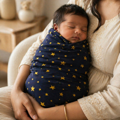 Mimi Swaddle Wrap | Scattered Stars | Stardust | Bamboo-Muslin, 3× Softer, 120×120cm | 0-6M