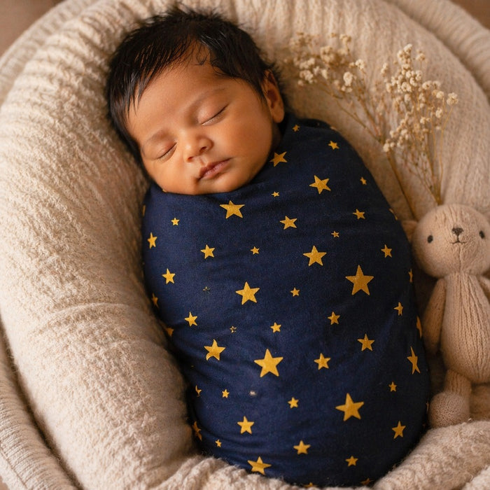 Mimi Swaddle Wrap | Scattered Stars | Stardust | Bamboo-Muslin, 3× Softer, 120×120cm | 0-6M