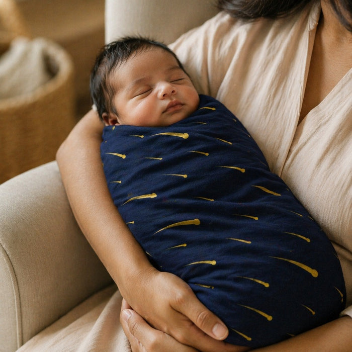 Mimi Swaddle Wrap | Shooting Stars | Stardust | Bamboo-Muslin, 3× Softer, 120×120cm | 0-6M