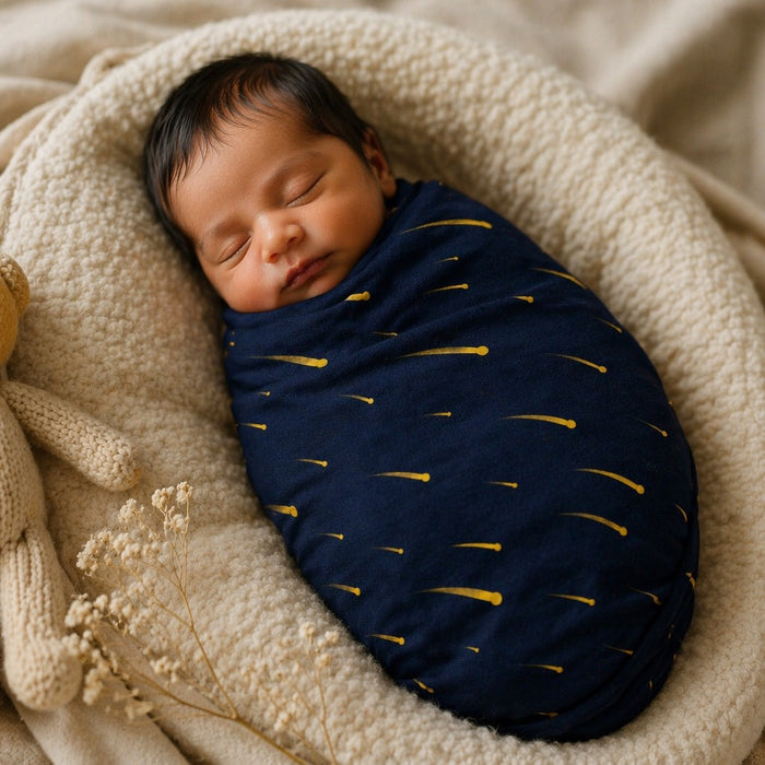 Mimi Swaddle Wrap | Shooting Stars | Stardust | Bamboo-Muslin, 3× Softer, 120×120cm | 0-6M