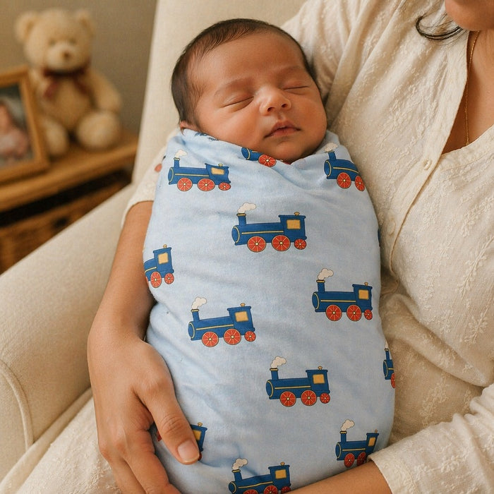 Mimi Swaddle Wrap | Steam Train | Little Voyager | Bamboo-Muslin, 3× Softer, 120×120cm | 0-6M